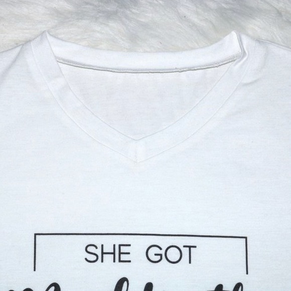 White Printed Lettering V Neck Short Sleeve Shirt - Picture 7 of 13